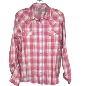 Wrangler Wrancher XL women Pink Plaid Western Pearl Snap Shirt Long Sleeve
